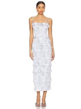 V. Chapman Lily Dress Blue Tapestry Rose Ruched Ruffle Midi Dress Size 0